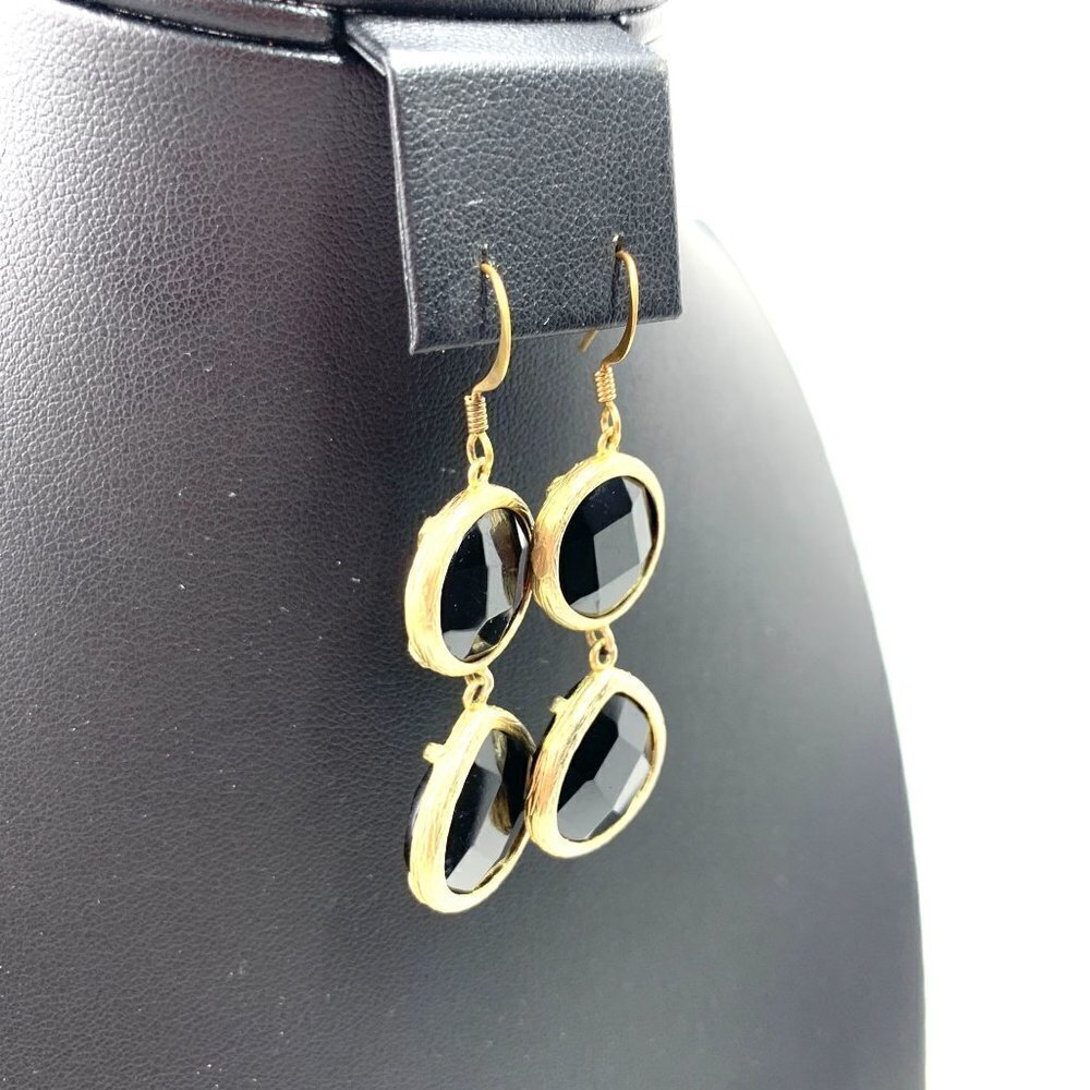 Dual Princess Cut Inset Stone Drop Earrings - Black/Gold 2" - Picture 3 of 6